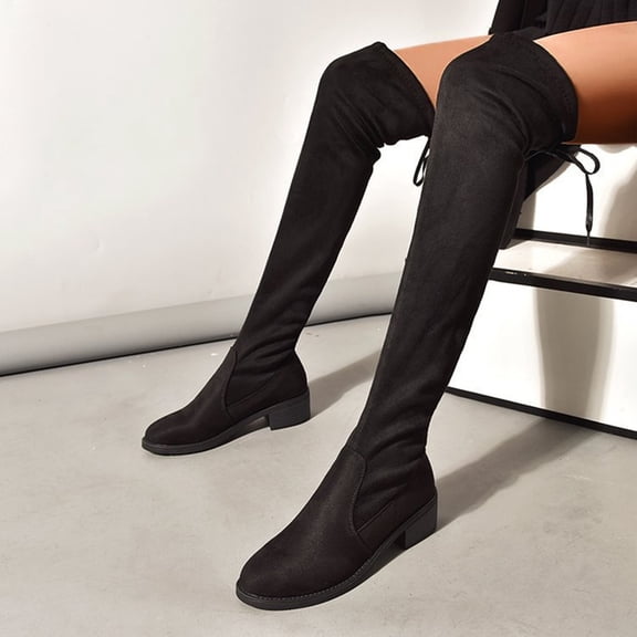 TIREOW Women's Over The Knee Boots Wide Calf Pointed Toe Long Stretch Boots Knee-High Heel Boots Sexy High Boots Chunky Heel Flock Sexy Fall Boots Winter Fashion Thigh Boots