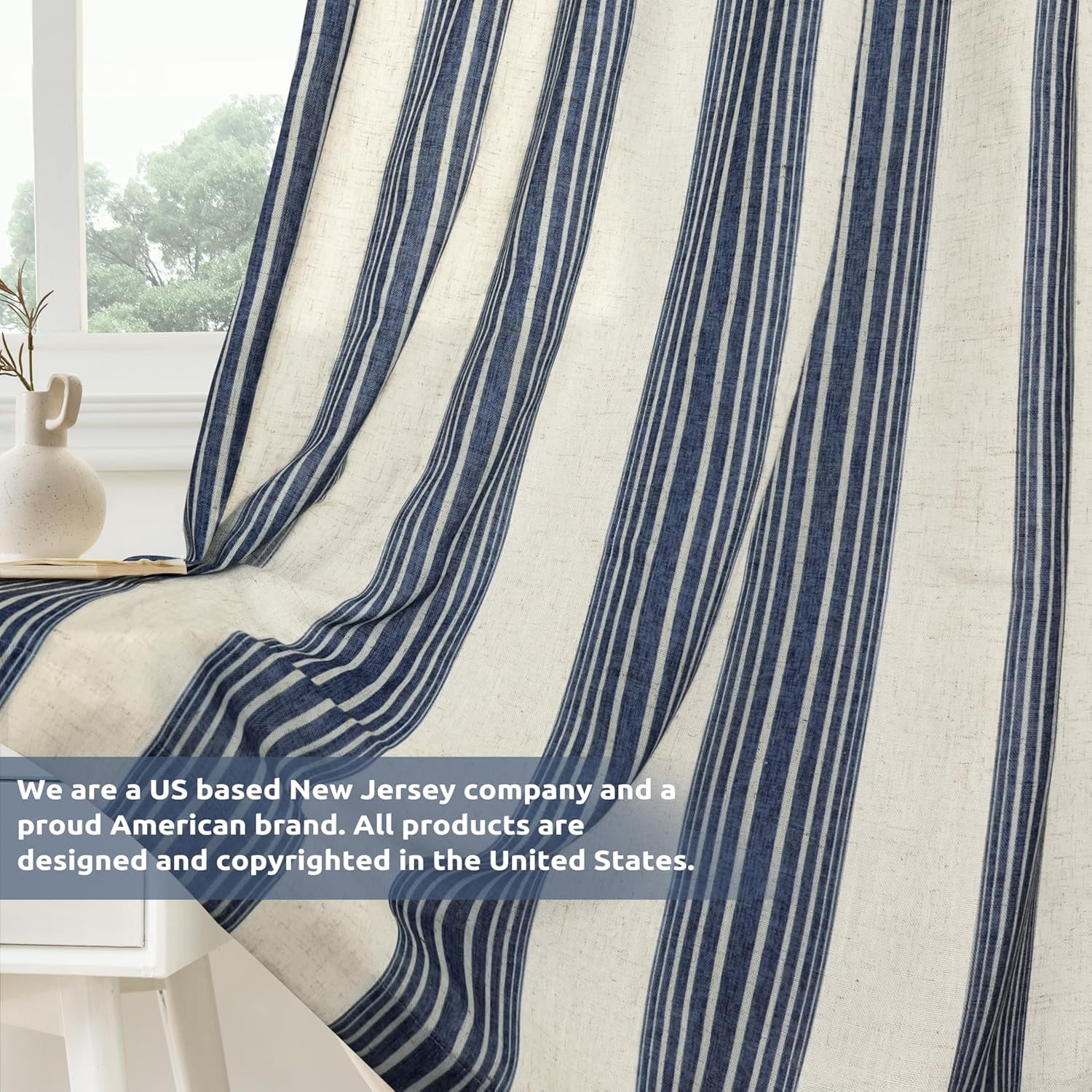 DriftAway Farmhouse Vertical Striped Linen Blend Textured Light Filtering Semi Sheer Curtains for Living Room Bedroom 108 Inches Long Drapes 2 Panels Broad Striped Linen Dark Blue