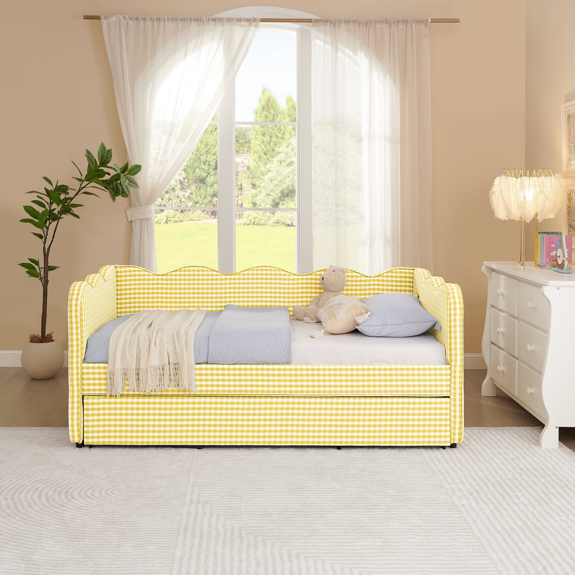 Leumius Twin Size Gingham Daybed with Pop Up Trundle,Modern Linen Daybed with USB Ports and Adorable Wave Shaped,Upholstered Day Bed Fram for Living Room/Bedroom/Guest Room,Yellow