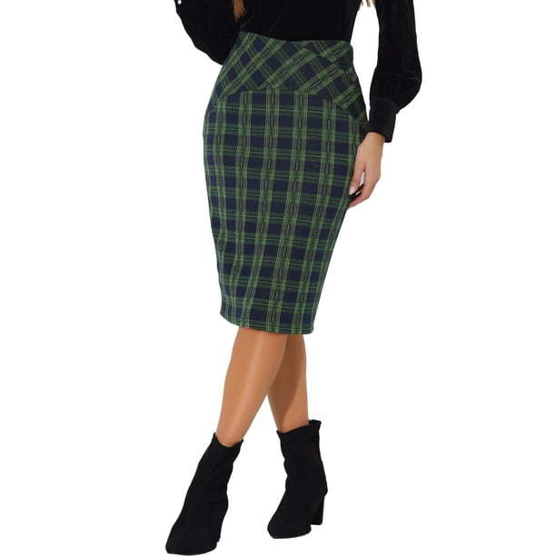 Falda lápiz de cuadros de longitud a la rodilla con cintura alta elástica y cremallera lateral para mujer INSPIRE CHIC verde XS