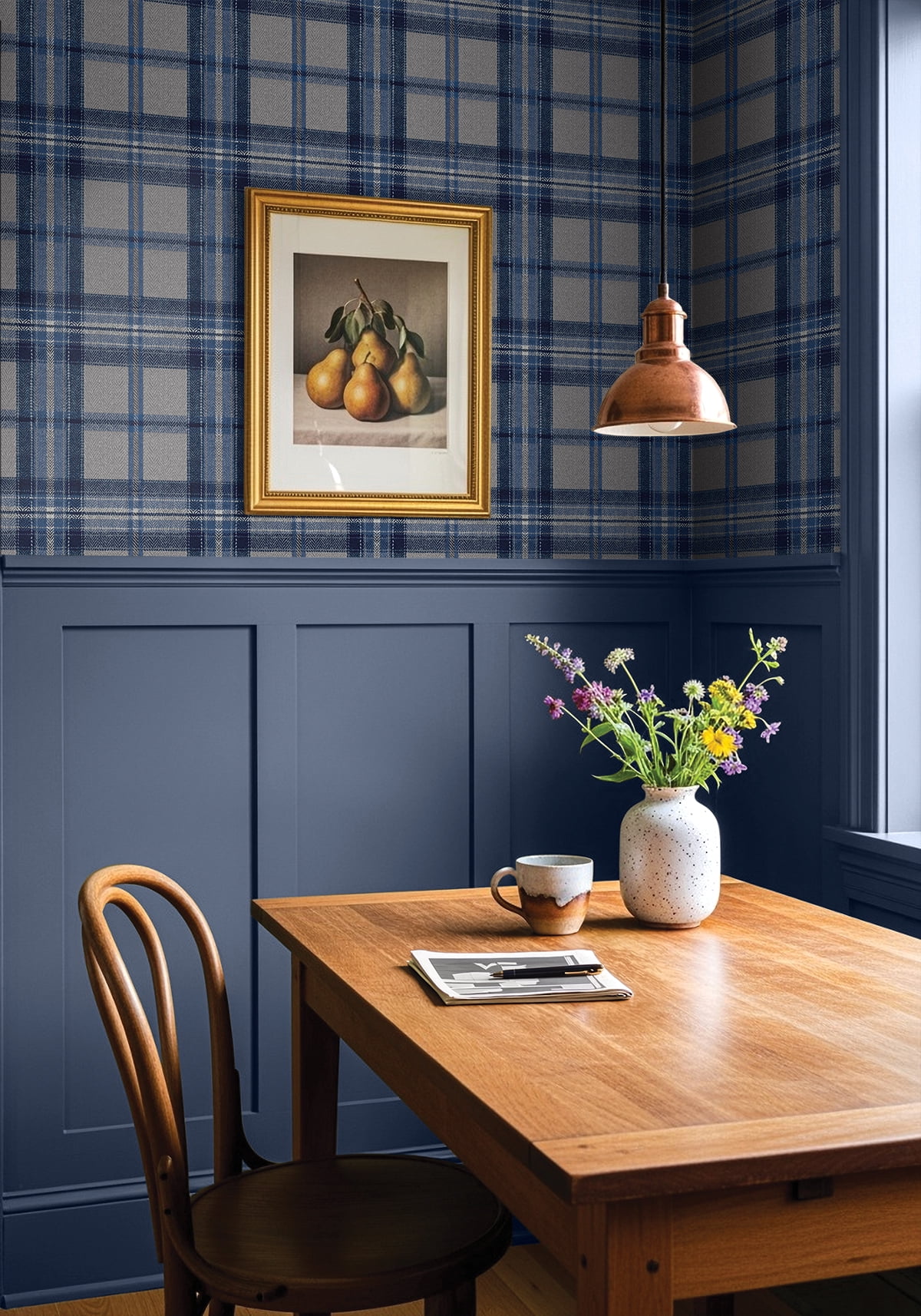 Harry & Grace Blue Smoke Herringbone Plaid Premium Matte Non-Woven Peel and Stick Wallpaper - 20.5 in. W x 18 ft. L Roll