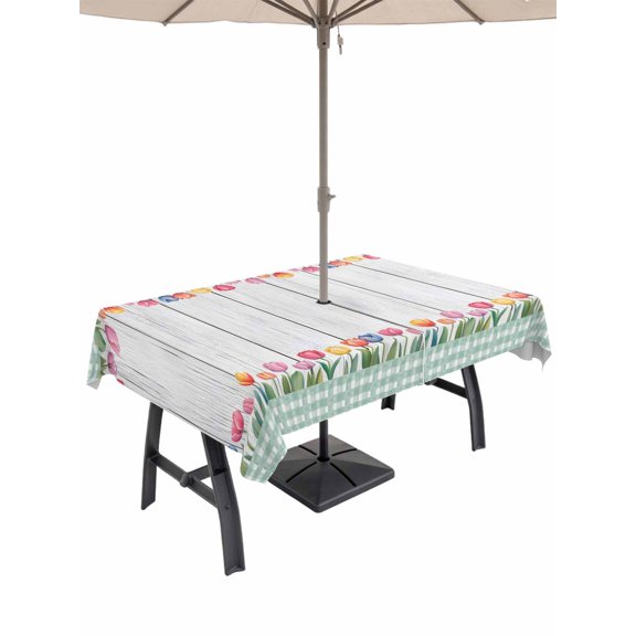 Outdoor Tablecloth with Umbrella Hole for Patio/Picnic/Party/Camping, Spring Tulip Waterproof Table Cloth Rectangle Table Cover Washable, Botanical Flowers Wooden Plank Green Check (60"x 102")