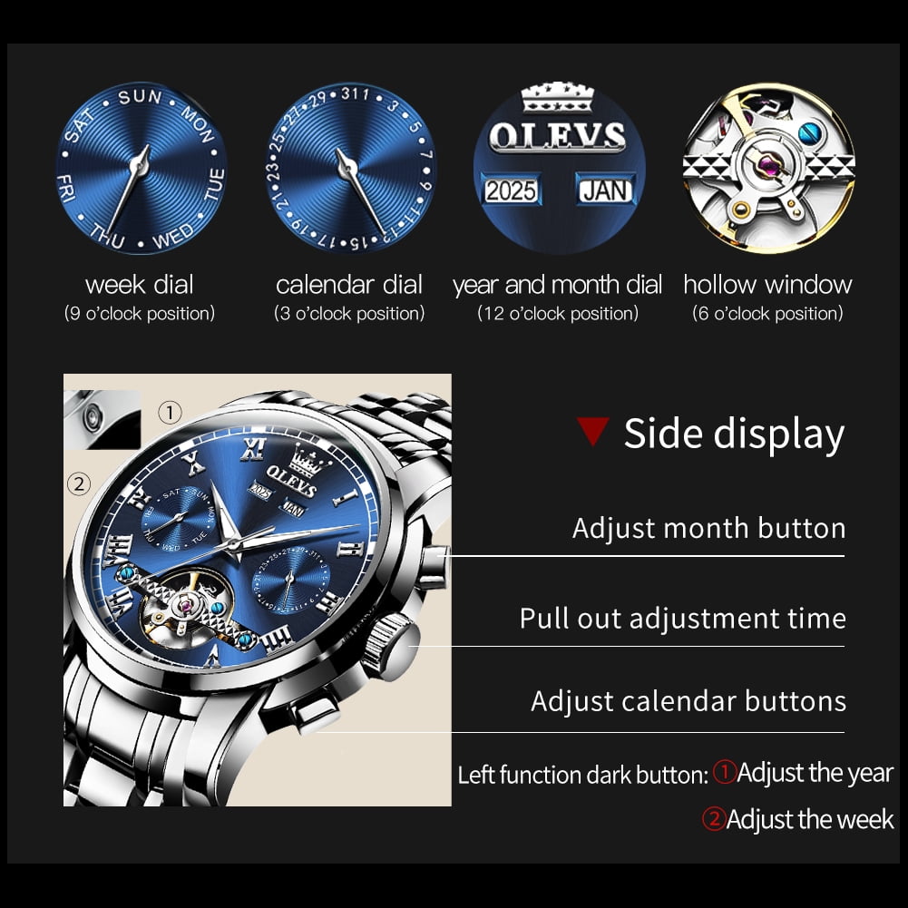 OLEVS Automatic Watches for Mens Self-Winding Mechanical Chronograph Classic Fashion Business Tourbillon Skeleton Stainless Steel Waterproof Luminous Mens Wrist Watches Reloj Para Hombre