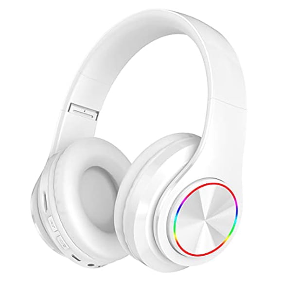 Fragolucyou Auriculares inalámbricos Bluetooth con luces coloridas, gran capacidad de batería, plegables, Bluetooth 5.0, alcance de 10 m, sonido envolvente estéreo, micrófono incorporado, cómodas orej