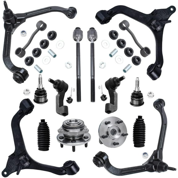 Detroit Axle - 16pc Front Upper Lower Control Arms w/Ball Joints Inner Outer Tie Rods Sway Bar Links & Wheel Hub Bearings Replacement for 2002 - 2004 Jeep Liberty Non-ABS