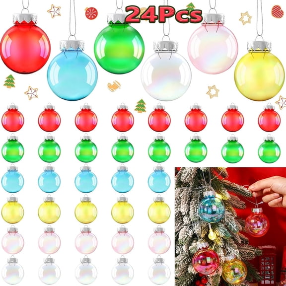 Triani 24 Pcs 2.36 inch Clear Colored Hanging Plastic Ball, Christmas Ornaments Ball, Shiny Rainbow Ball for Xmas Tree Hanging Party Festival Decor (Shatterproof)
