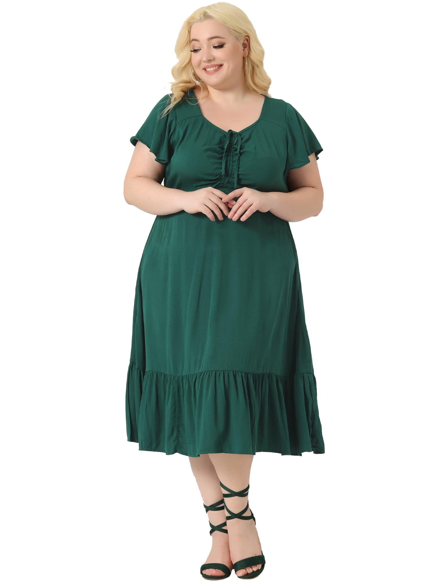 DARING DIVA Women's Plus Sweetheart Neck Ruffle Tiered Maxi Dresses 1X Dark Green