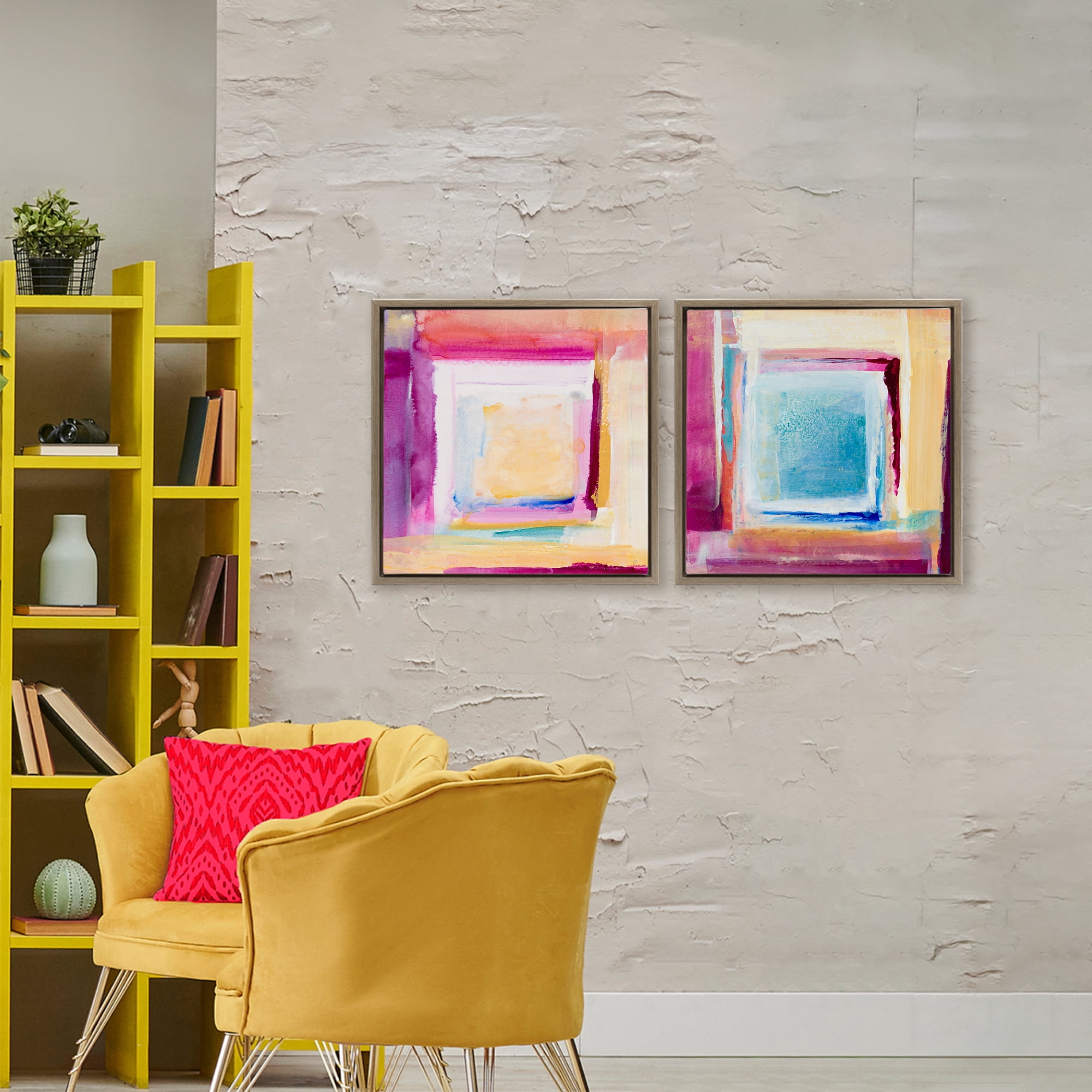 Stupell Industries Pink & Yellow New Day 2 Piece Brown Framed Floater Canvas Set, design by Lanie Loreth