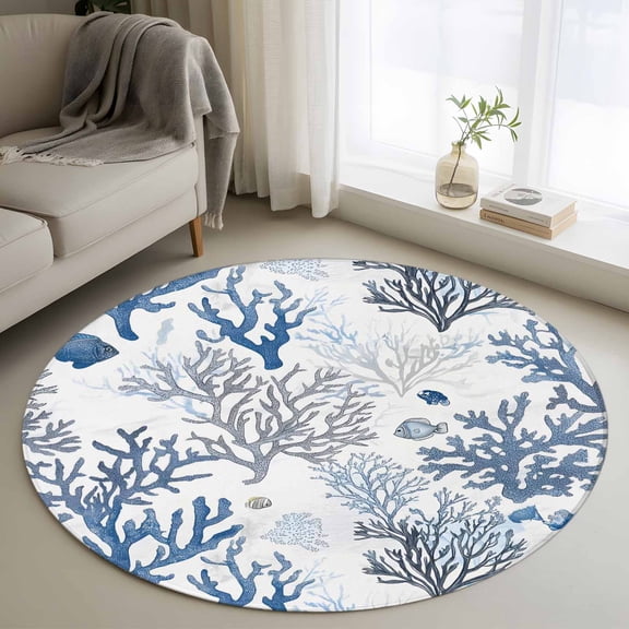 Blue Coastal Round Area Rug 4 FT, Non Slip Indoor Outdoor Rug, Summer Nautical Ocean Beach Coral Fish Washable Soft Circular Carpet Non-Shedding Floor Mat for Coffee Table Nursery Foyer Balcony