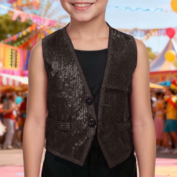 CUZIBR Toddler Basic Tops Carnival Sparkling Sequins Vest V-Neck Sleeveless Button Waistcoat Stage Performance Shiny Glitter Jacket Fashion Outwear Clothing,Black,5-6 Years