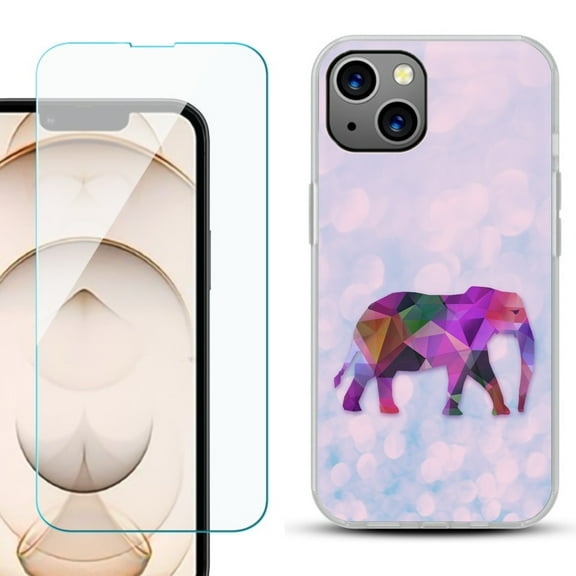 Slim-Fit Flexible TPU Gel Phone Case for iPhone 13, with Tempered Glass Screen Protector, by OneToughShield ® - Elephant /Polygon
