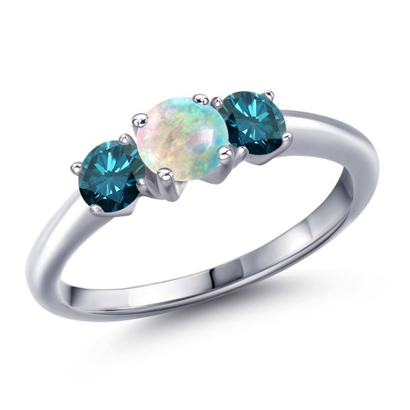 Gem Stone King 925 Sterling Silver Simulated White Opal and Blue Diamond Engagement Ring for Women | 1.04 Cttw | Round Cabochon 5MM | Gemstone October Birthstone | Size 5