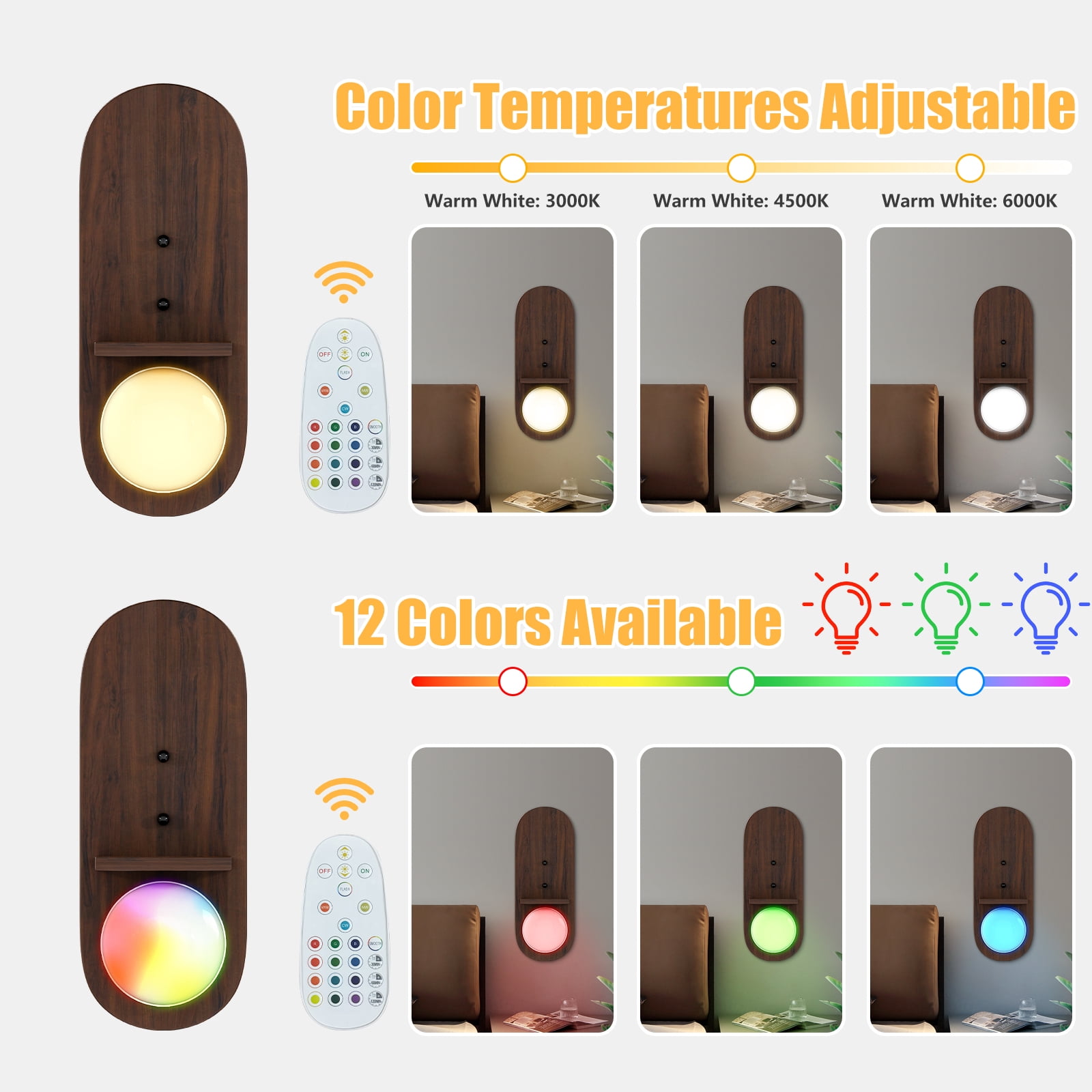 Floating Shelves for Wall Decor with Rechargable LED Bulb, Remote Control  2 PCS Wood Wall Sconce Battery Operated for Wall Decor,Walnut