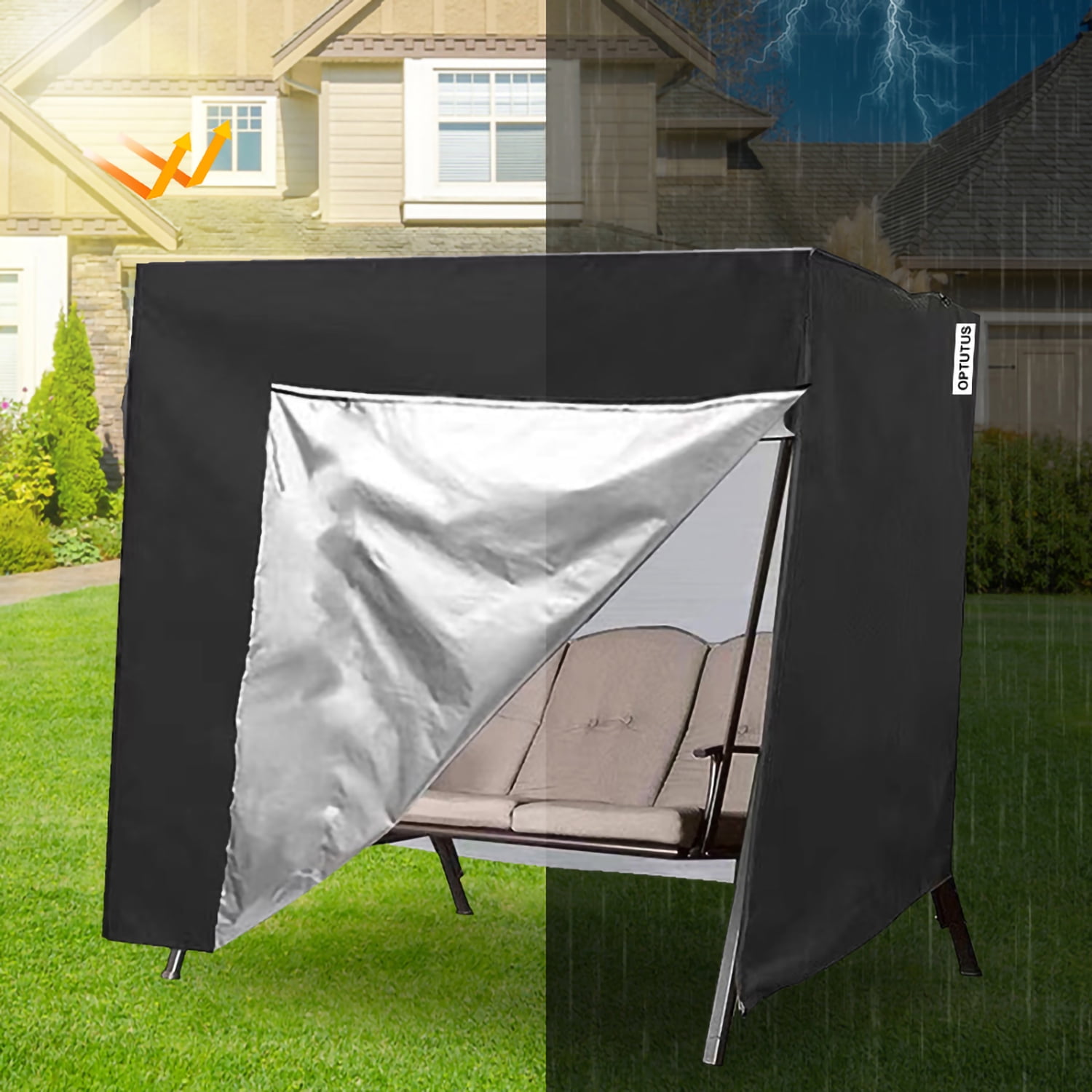 OPTUTUS Outdoor Swing Cover 3 Seater Hammock Cover, Waterproof Patio Bench Swing Cover for 87 inch Garden Glider Swing Canopy Black