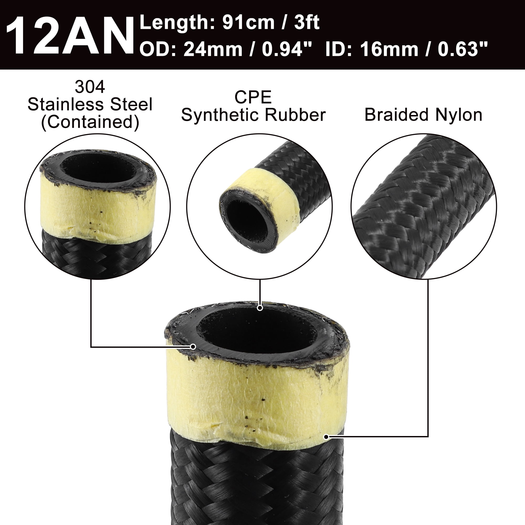 Unique Bargains 3ft 12AN Fuel Hose AN12 Universal Car Braided Nylon Stainless Steel CPE Oil Fuel Gas Line Hose Black