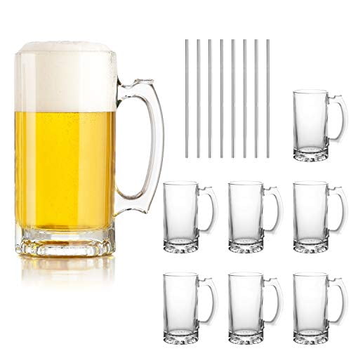 Ensemble de Tasses à Bière, Tasses en Verre avec Poignée 16oz, Grands Verres à Bière pour Congélateur, Tasses à Bière 500ml, Tasses à Boire Pub pour Bar, Alcool, Boissons Ensemble de 8 KTZB02
