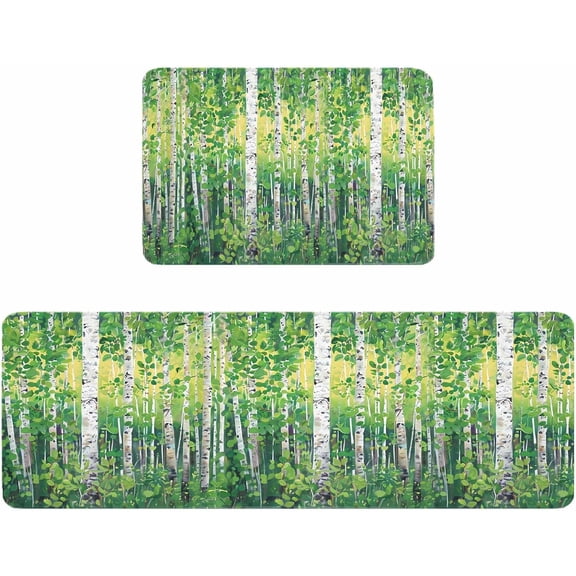 Kitchen Rugs and Mats,Birch Forest Green Leaves Seamless 2 Piece Anti Fatigue Area Runner Rug Set Comfort Standing Floor Mat,Vintage Oil Painting Art Non Slip Absorbent Doormats for Laundry/Bathroom