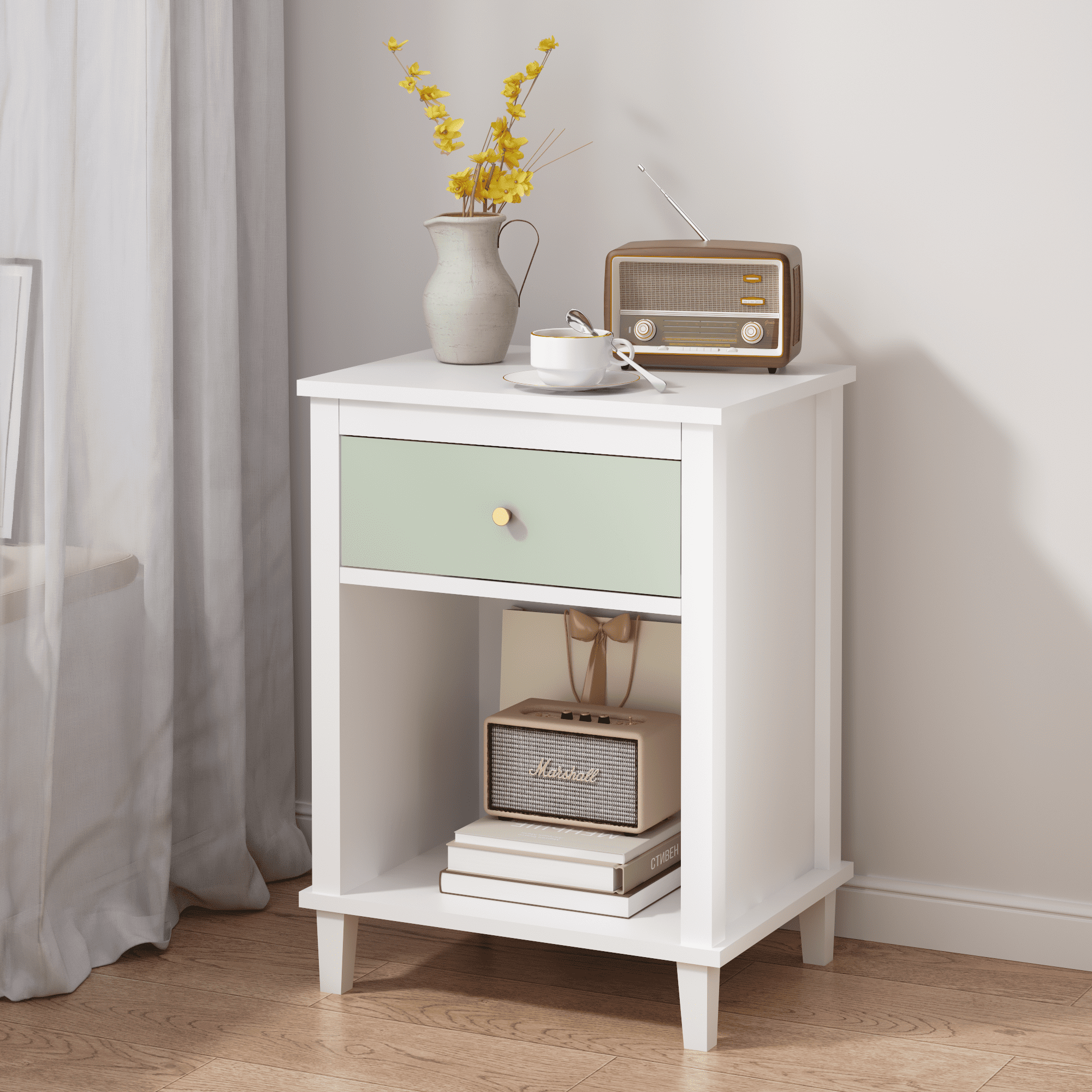 26.77"H Wooden Nightstand with One Drawer One Shelf for Kids, Adults, Sage+Golden handle