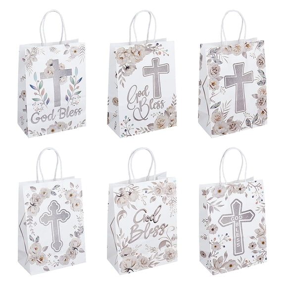 12Pcs 6 Styles God Bless Kraft Paper Gift Tote Bags Shopping Bags with Handles Rectangle with Cross White 15x7.9x21cm 2pcs/style