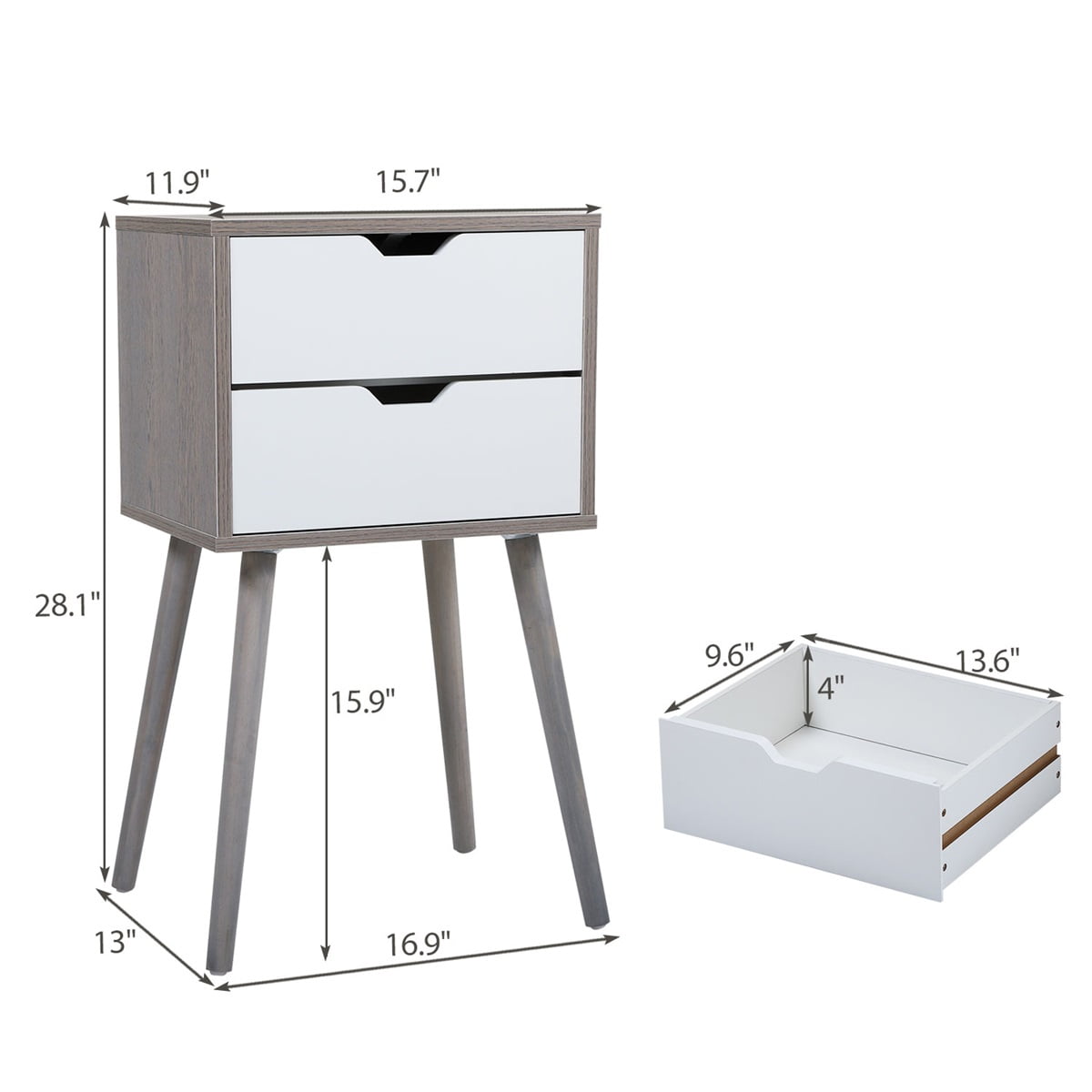 Veryke Nightstands Set of 2, End Table with 2 Drawers and Solid Wood Legs - Gray + White