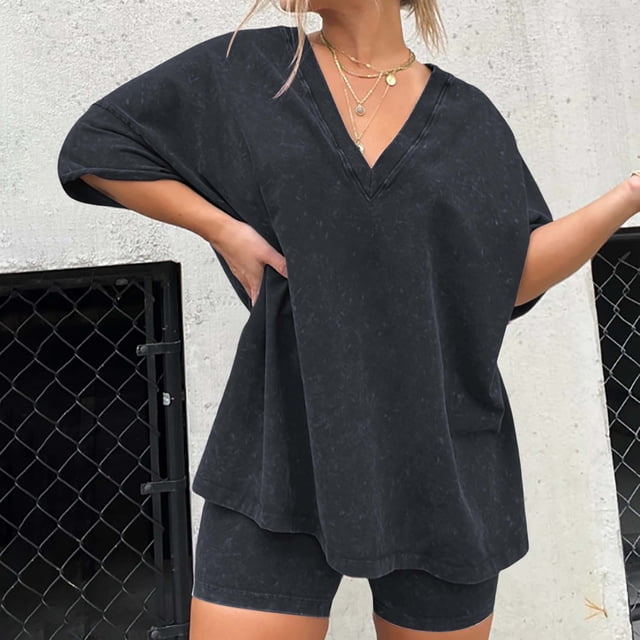 Pavied Two Piece Sets,Lounge Sets,Pajamas 2 Piece Outfits Sets Oversized T Shirts Tops Biker Shorts Set Workout Reversible Tracksuit,Matching Sets,Womens Sweatshirt,Tracksuit for Women,Black L