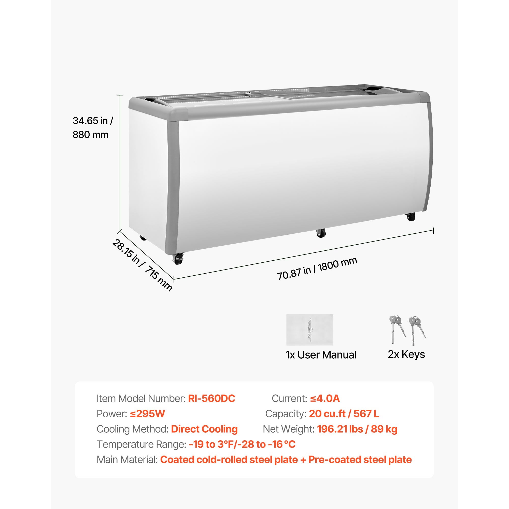 KFFKFF Commercial Ice Cream Display Freezer, 20 Cu.ft Capacity Chest Freezer, Gelato Dipping Cabinet for Restaurants with Casters, Sliding Glass Door, LED Lights, Holds 12 Ice Cream Containers