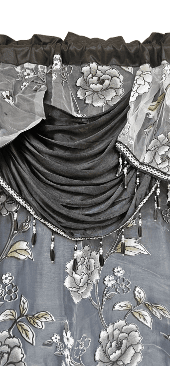 2 Piece Daniela Printed Flowers Luxury Jacquard Attached Valance with Long Crystals Beads and Tassels Window Curtain (54 inches wide x 84 inches long)
