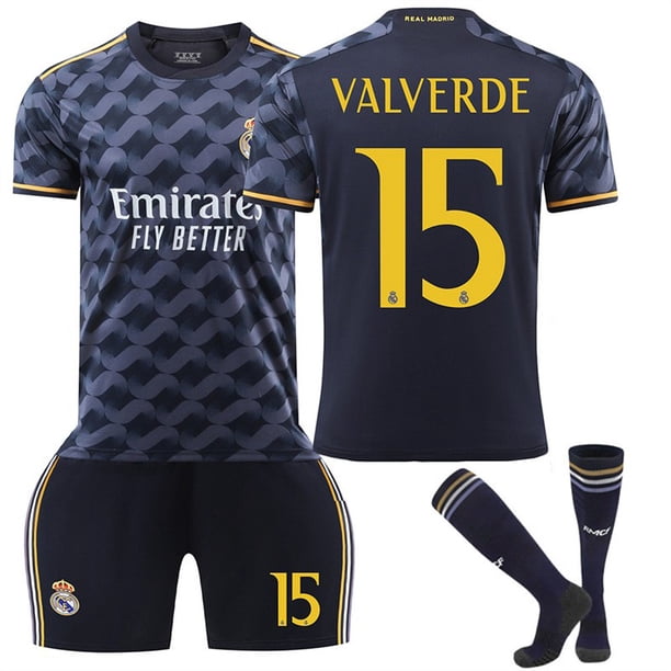 2324 Camiseta de fútbol visitante del Real Madrid No. 7 Vinicius 5 Bellingham 10 Modric conjunto de camisetas para niñosValverde 15 con medias a juego