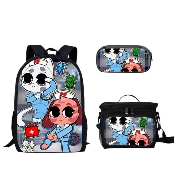 3 PCS Animal Hospital School Backpack with Lunch Box Case, Back to School Supplies Adjustable Straps Large Capacity Travel Daypack Knapsack Lightweight Bookbags for Teens Students #D
