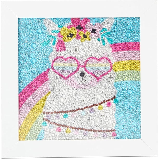 Kit de pintura de diamantes 5D por números para niños, taladro completo para principiantes, manualidad con marco de madera - 18 x 18 cm (Alpaca)