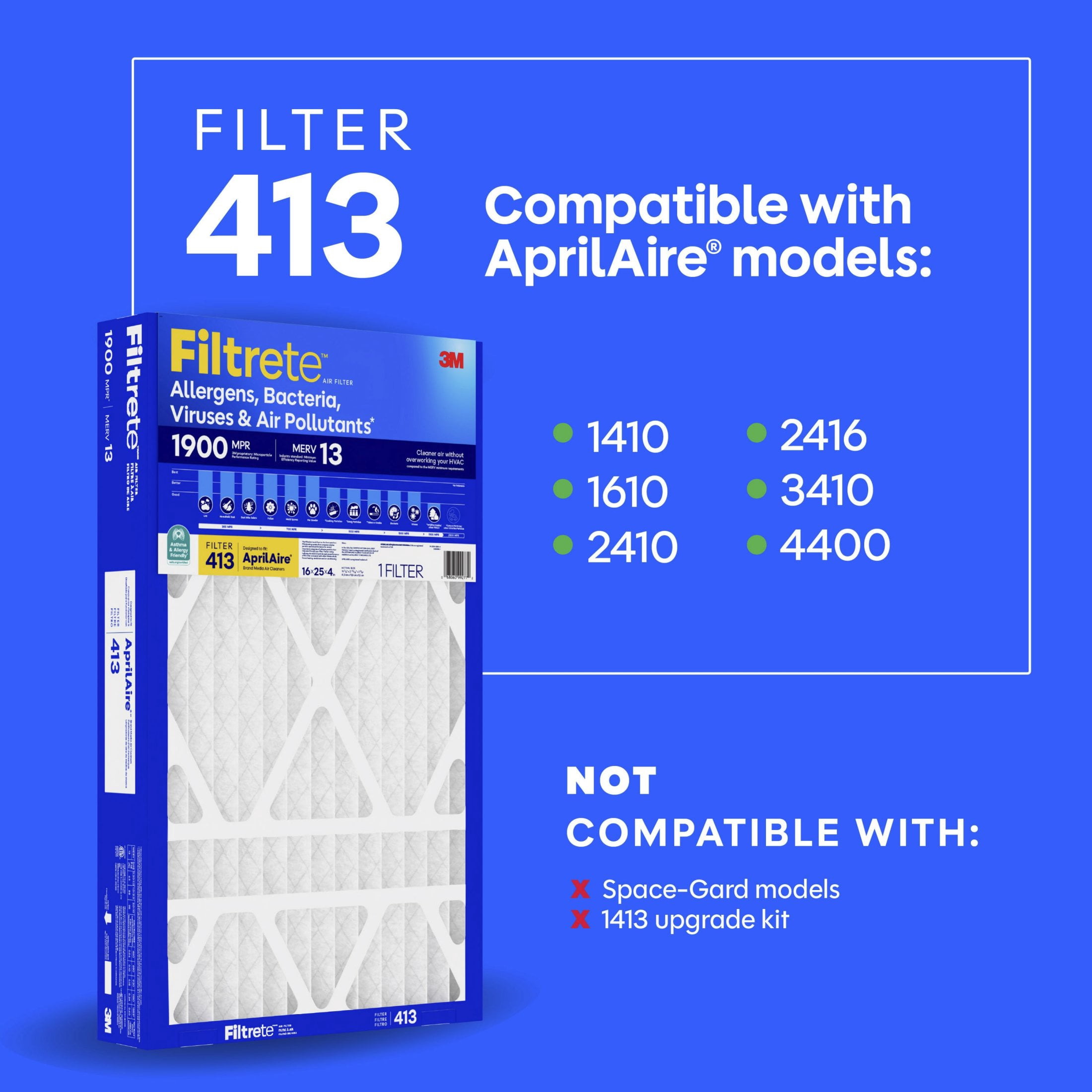 Filtrete Air Filter, MPR 1900 MERV 13, Fits Systems Using AprilAire 413 Filters, 2 Pack