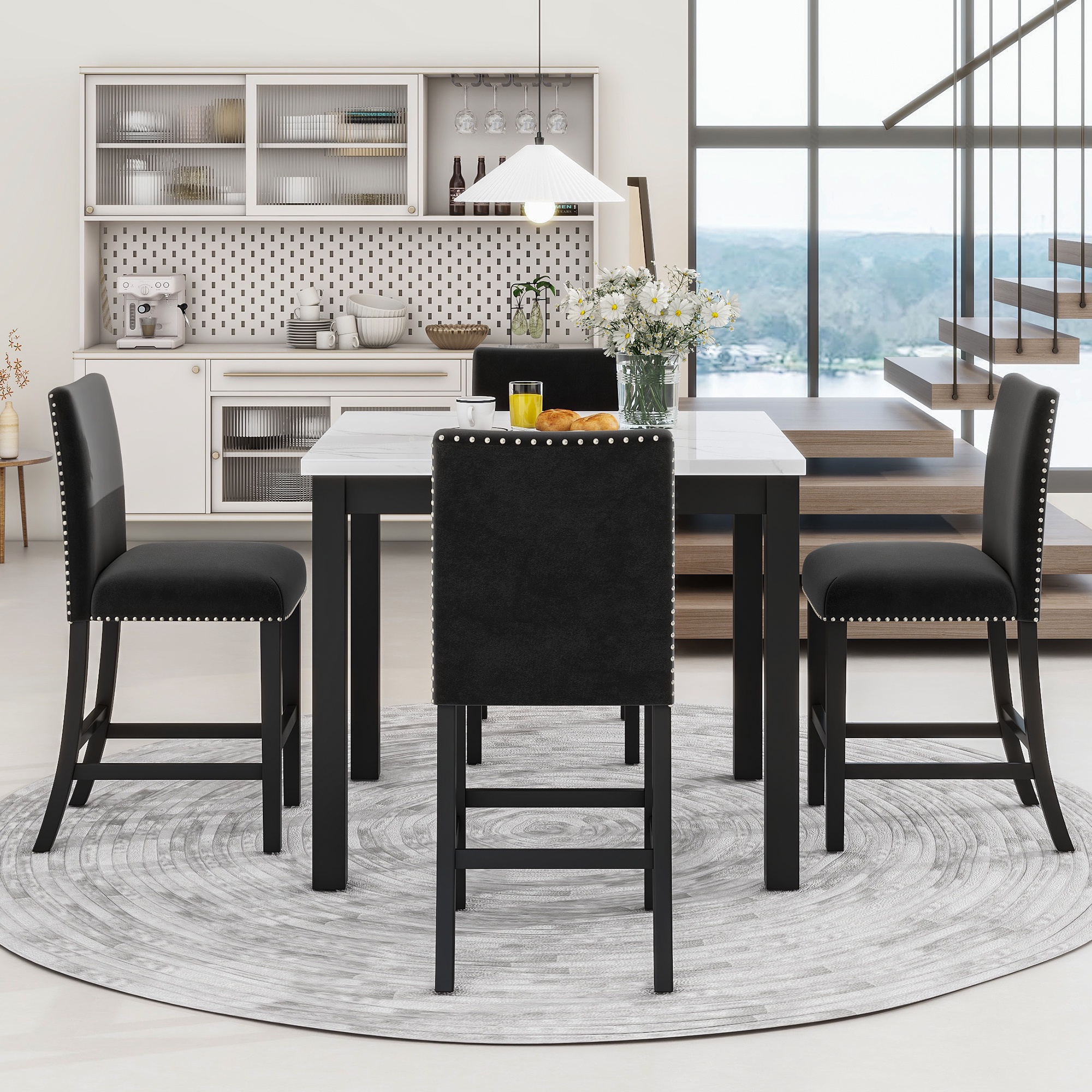 PORKISS Dining Table Set for 4, Dining Room Set with Faux Marble Kitchen Table and Velvet Upholstered Chairs, Counter Height Dining Set, Black