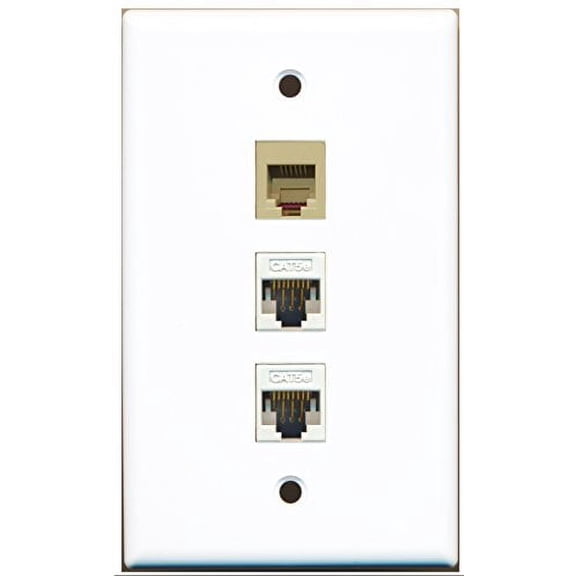 RiteAV - 1 Port Phone RJ11 RJ12 Beige 2 Port Cat5e Ethernet White Wall Plate