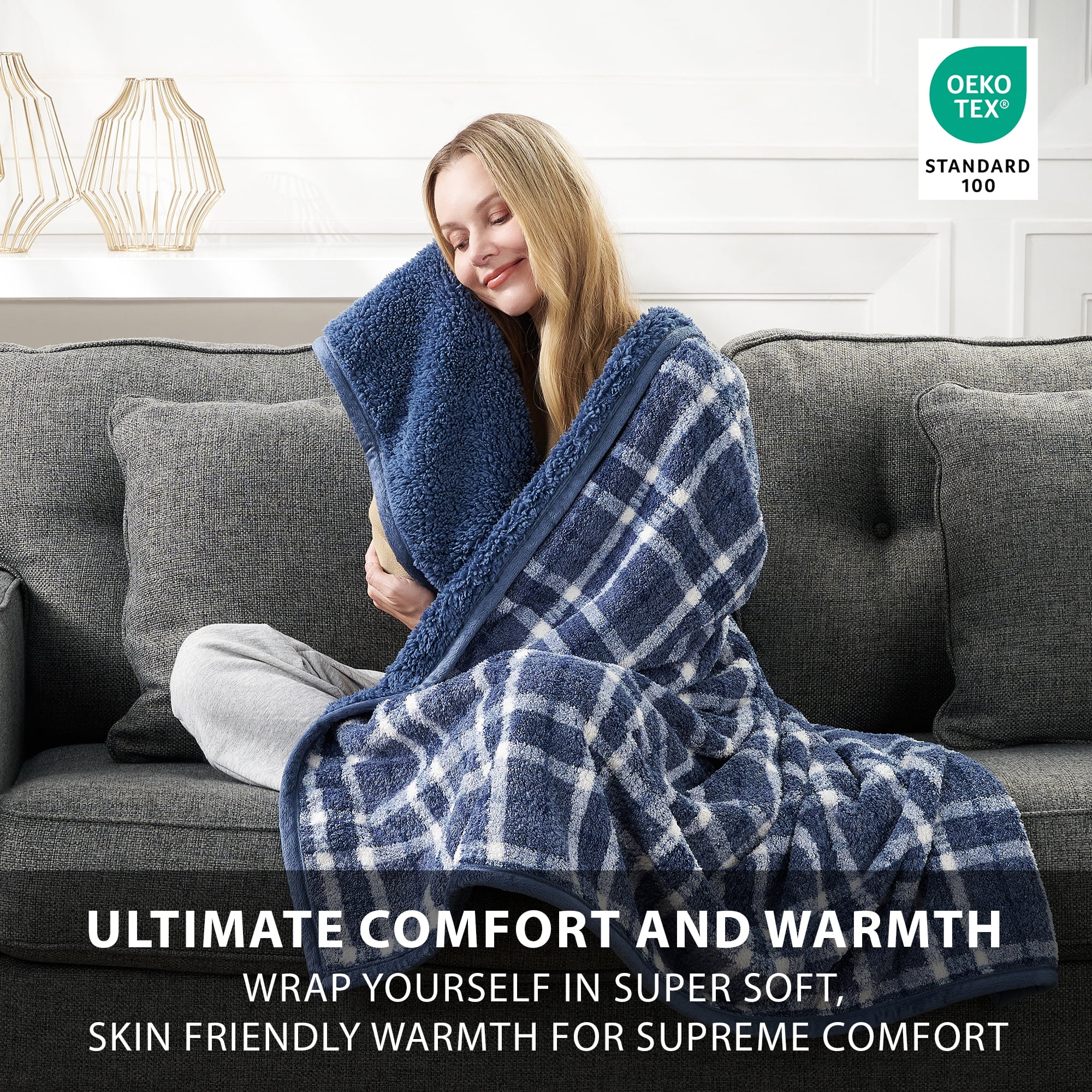 CBCHome Reversible Soft Sherpa Throw Blanket - Cute and Cozy Thick Throw for Couch, Warm Gifts for Women (Blue Plaid, 50" x60")
