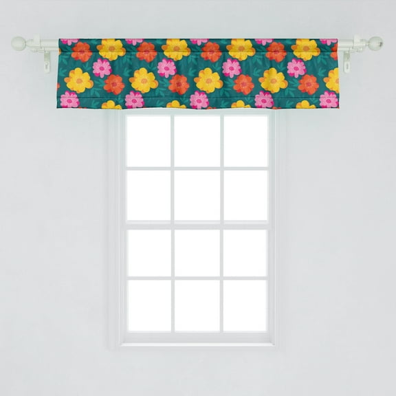 Ambesonne Colorful Window Valance, Abstract Hand Drawn Flowers Pattern Repeating Petals on Teal Tone Background, Curtain Valance for Kitchen Bedroom Decor with Rod Pocket, 54" X 12", Multicolor