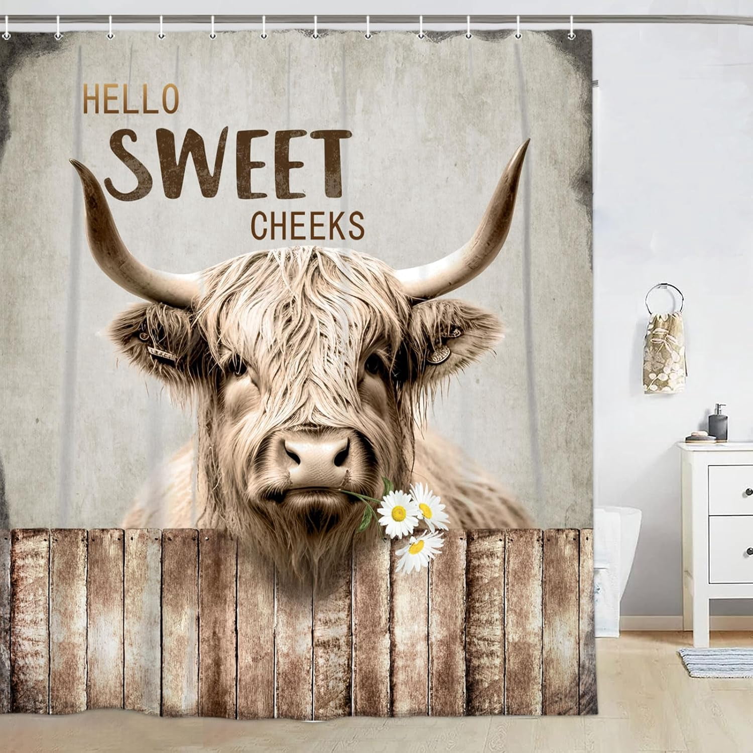Highland Cattle Cow Bull Shower Curtains,Farmhouse Animal Rustic Country Shower Curtain for Bathroom,Western West Fabric Shower Curtain Set with Hooks Bath Decoration 72X84inches