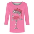 thumbnail image 4 of DeHolifer Women T-Shirts Red Wine Glass 3/4 Sleeve Christmas Pullover Xmas Santa Hat Graphic Blouse T-Shirts Tops Pink 2XL, 4 of 4