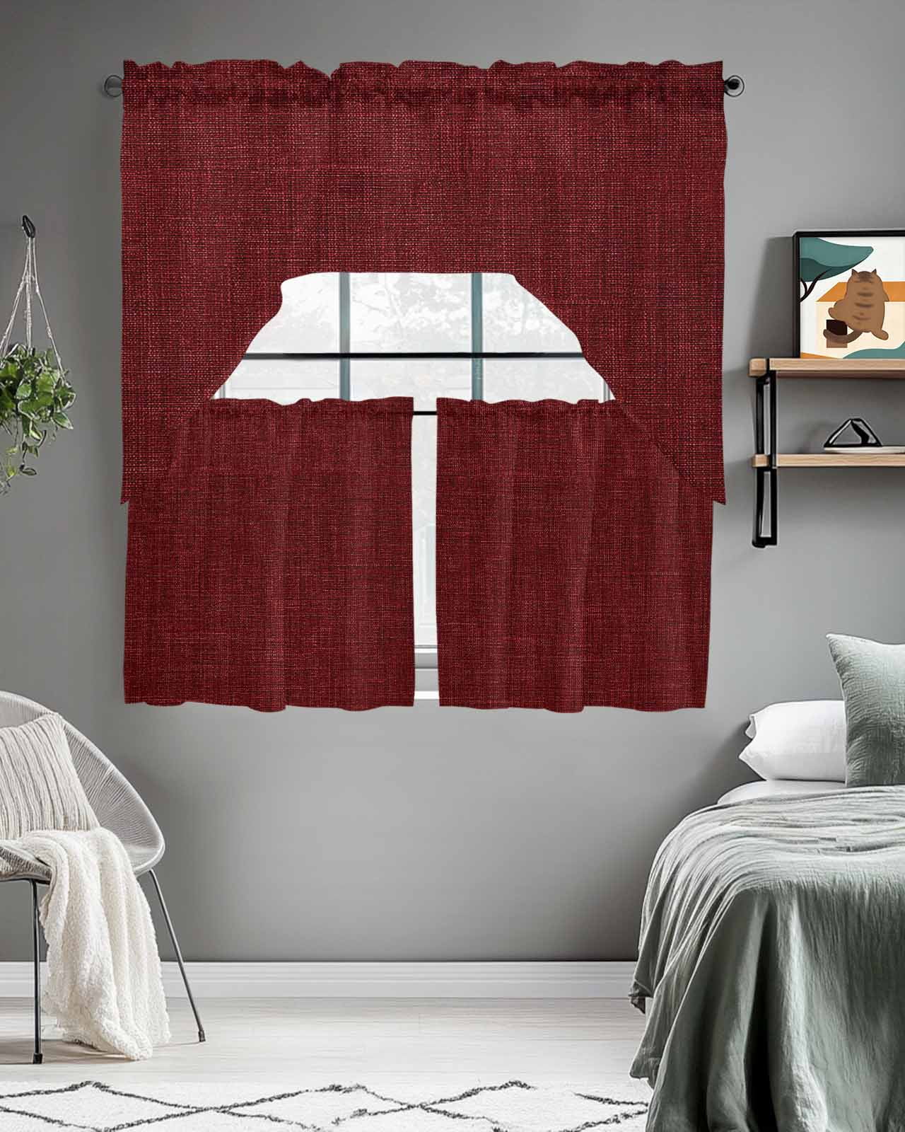 Vintage Dark Red Kitchen Curtains Swag Valance and Tier Curtains Set 24 Inch Length, Farmhouse Retro Solid Color Linen Texture Rod Pocket Drape Panels Pair Swag Curtains for Bathroom/Cafe/Window