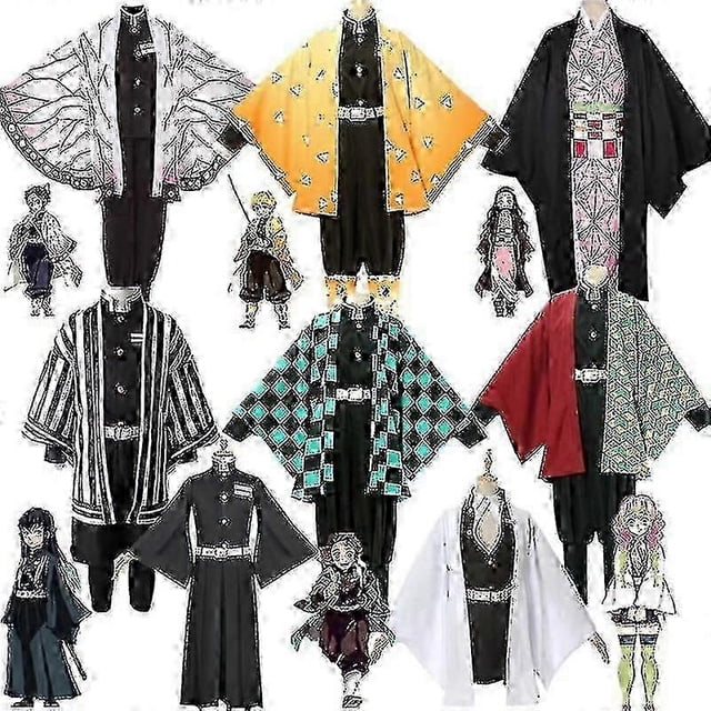 2026 kids anime demon slayer cosplay costume set adult tanjirou nezuko suit Conjunto de cosplay inspirado en Demon Slayer, vista en cuadrícula que muestra cinco kimonos haori impresos sobre uniformes negros; poliéster impreso, cinturones anchos con botones, mangas amplias tipo kimono y patrones distintivos (cuadros verdes, amarillo con triángulos, rayas blancas y negras, rojo con motivos, blanco). Apto para Halloween, convenciones y sesiones fotográficas.