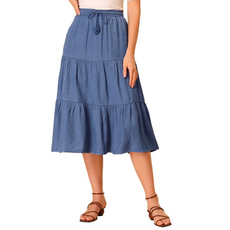Jupe mi-longue plissÃ©e en chambray Ã taille Ã©lastique bohÃ¨me pour femmes  Bleu L | Walmart Canada