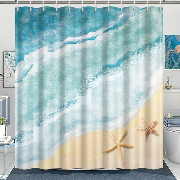 Beach Theme Shower Curtain ,Seashell Starfish Shower Curtains Waterproof Fabric with 12 Hooks,72"x72"