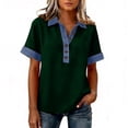 thumbnail image 5 of ASDFVBKG Women's Short Sleeve Shirts with Denim Collar Cuffs Buttons Decor V-Neck Tops Dressy Casual Office Blouses Green 3XL, 5 of 5