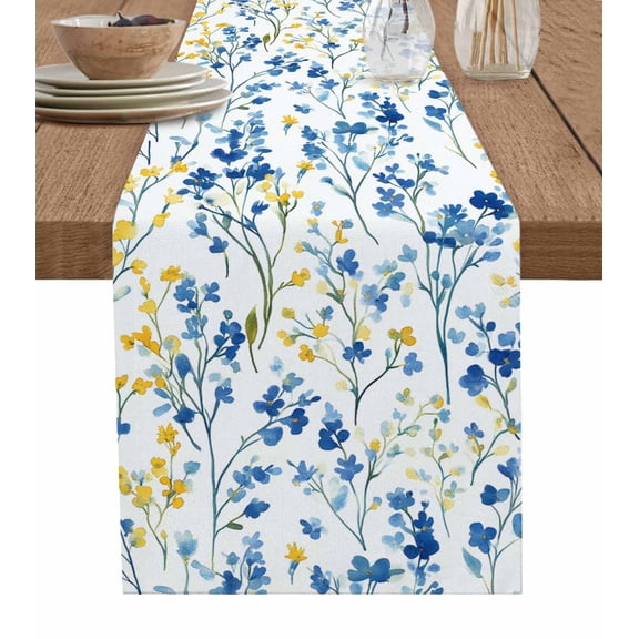 Table Runner Dresser Scarf 13 x 90 Inch Spring Watercolor Blue and Yellow Flower Floral Rustic Table Runners Non-Slip Heat Kitchen Dining Table Decor for Indoor Outdoor Home Party Decoration