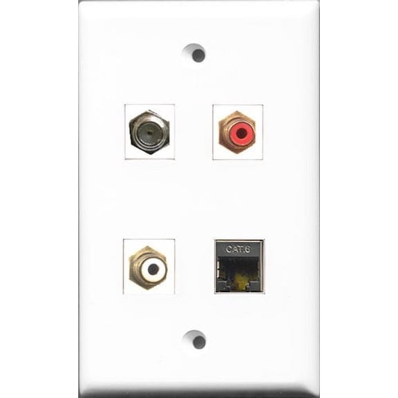 RiteAV 1 Port RCA Red and 1 Port RCA White and 1 Port Coax Cable TV- F-Type and 1 Port Shielded Cat6 Ethernet Wall Plate