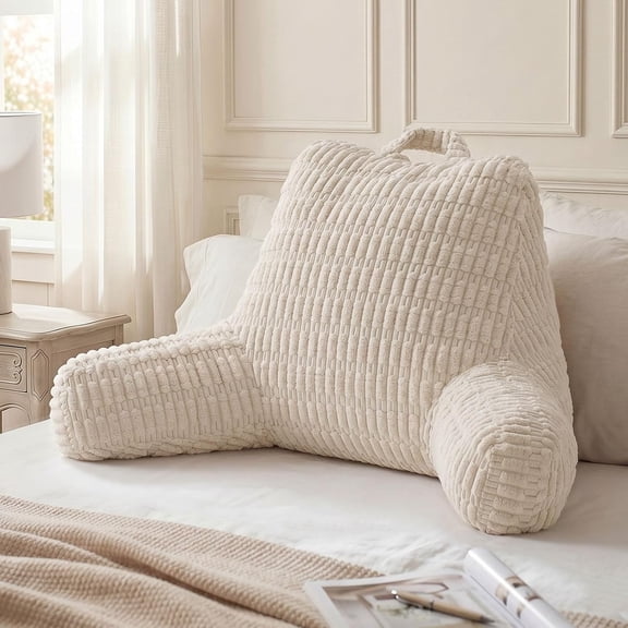 Reading Pillow, Backrest Pillow with Shredded Memory Foam for Adult & Children, Designed for Bed and Couch Sitting Up, Includes Arms, Pockets and Washable Cover, Off White