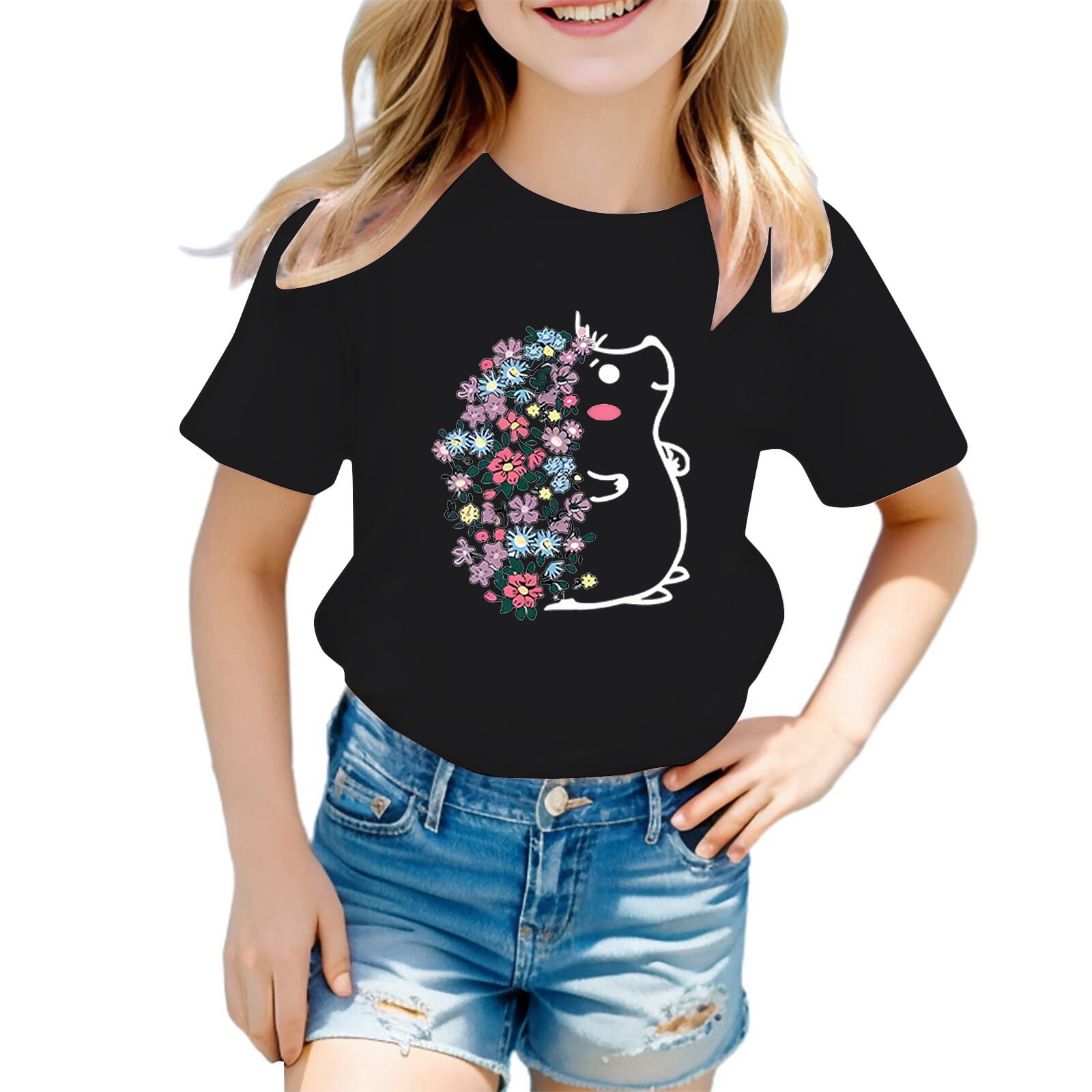 WEIYLL T-Shirts pour Filles Imprimé Hérisson Fleur Mignon Col Rond Manches Courtes Été Décontracté Hauts pour Enfants 5-6 Ans