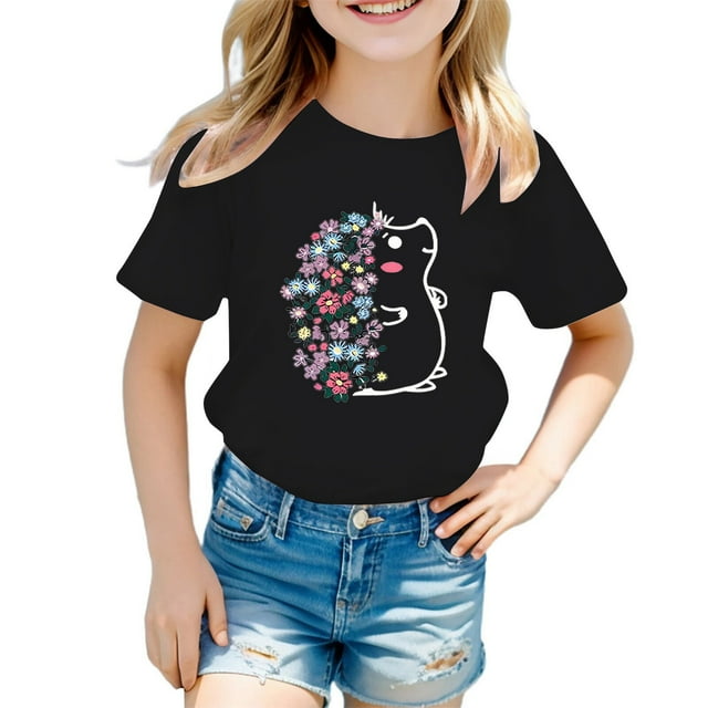PMVFHDE Hauts à Manches Courtes pour Filles, T-Shirt Graphique Mignon à Col Rond, Manches Courtes, Été, Décontracté, Noir, 11-12 Ans