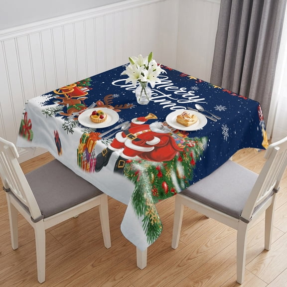 Navy Blue Christmas Table Cloth Waterproof Tablecloths, Santa Elk Gifts Snowflake Winter Xmas Tree Tablecloth Dining Table Cover for Kitchen Party Tabletop Outdoor, Square Tablecloth 54x54 Inch