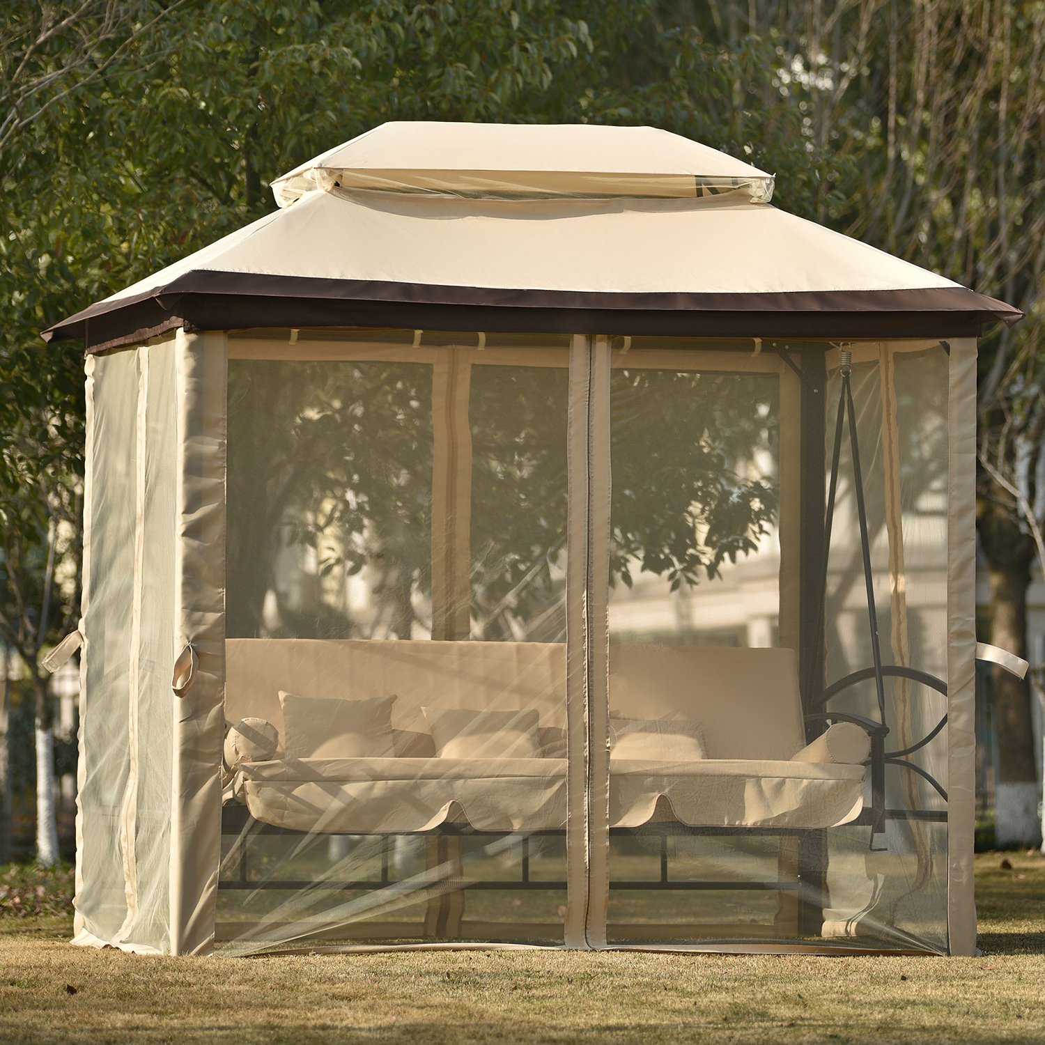 Kadyn 8.9 Ft. W x 5.9 Ft. D Outdoor Canopy Gazebo, Patio Gazebo with Convertible Swing Bench and Mosquito Netting Suitable for Lawn, Garden, Beige