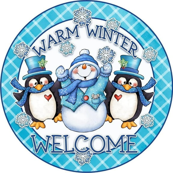 Round Metal Tin Sign Warm Winter Welcome Penguin Sign, Wreath Sign, Wreath Attachment Rustic Home Kitchen Bathroom Bedroom Garden Parlor Wall Art Decor 8x8inch